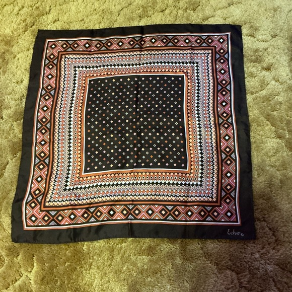 Vintage Echo Silk Scarf Geometric Diamond Print Brown Rust Square - Picture 6 of 6